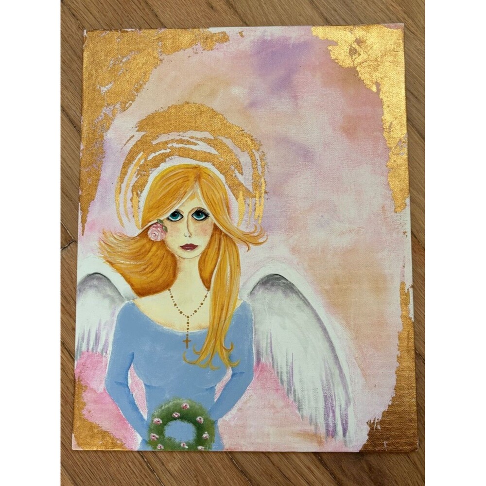 Guardian Angel Gold Pink Blonde Big Eyes Woman Stylized Portrait Painting Signed